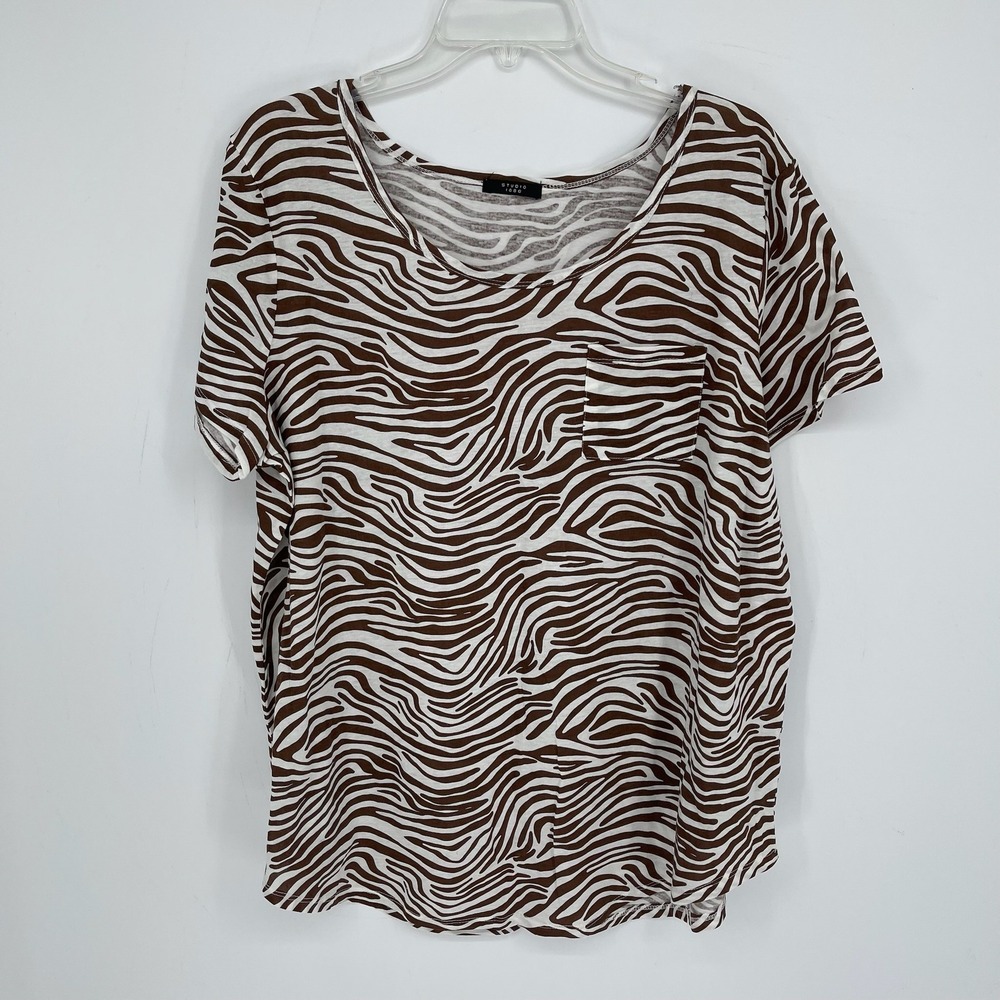 Studio 1886 Women's Brown Zebra Print Pocket Short Sleeve Tee T-Shirt Size 1X